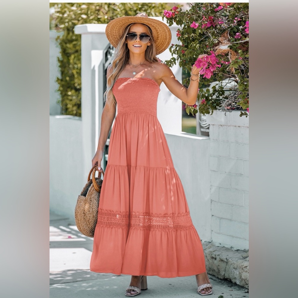 NWT!  Cupshe Smocked Bodice Strapless Maxi Dress in Peachy Pink